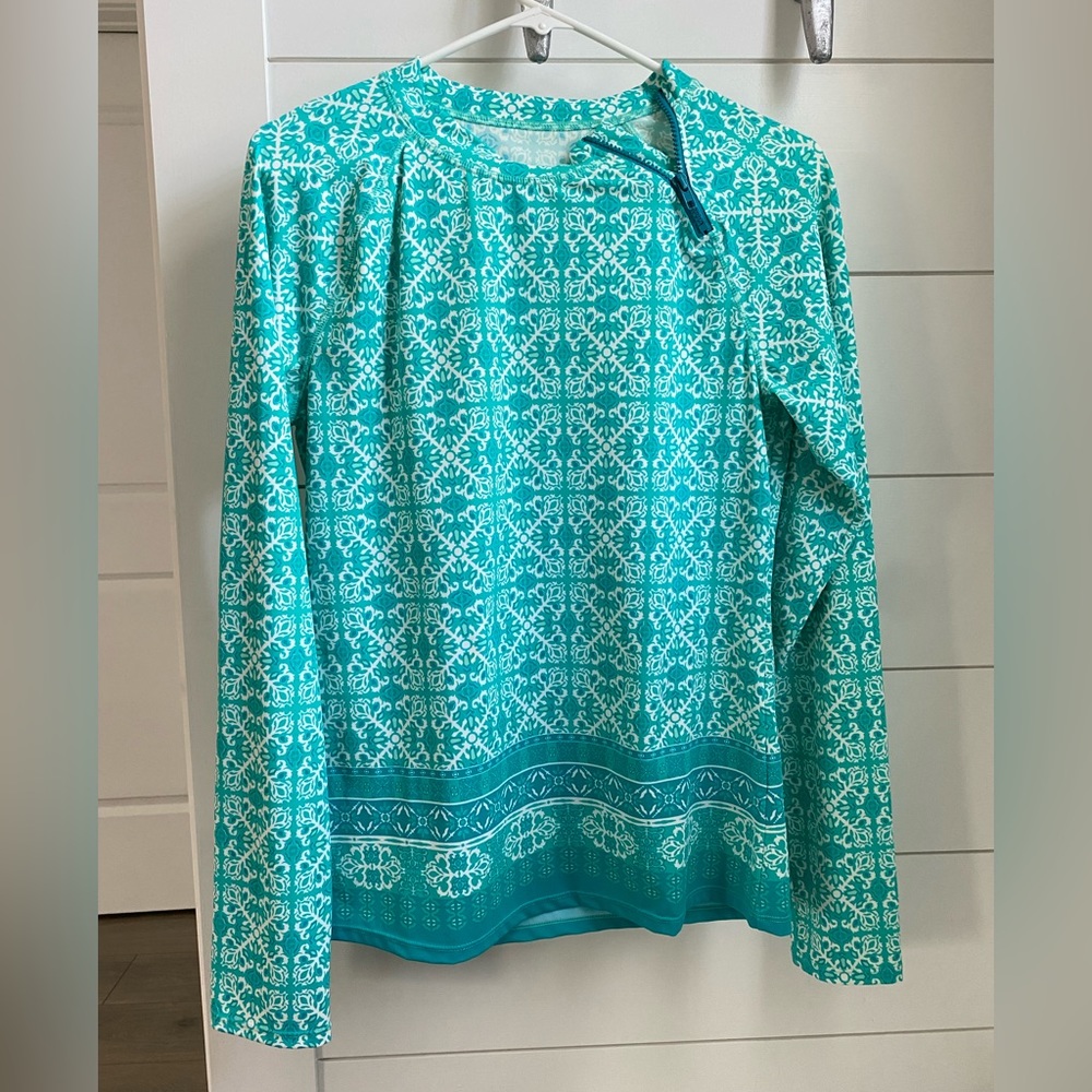 Cabana Life Size L Aqua Blue Tile Print Zipper Rashguard.